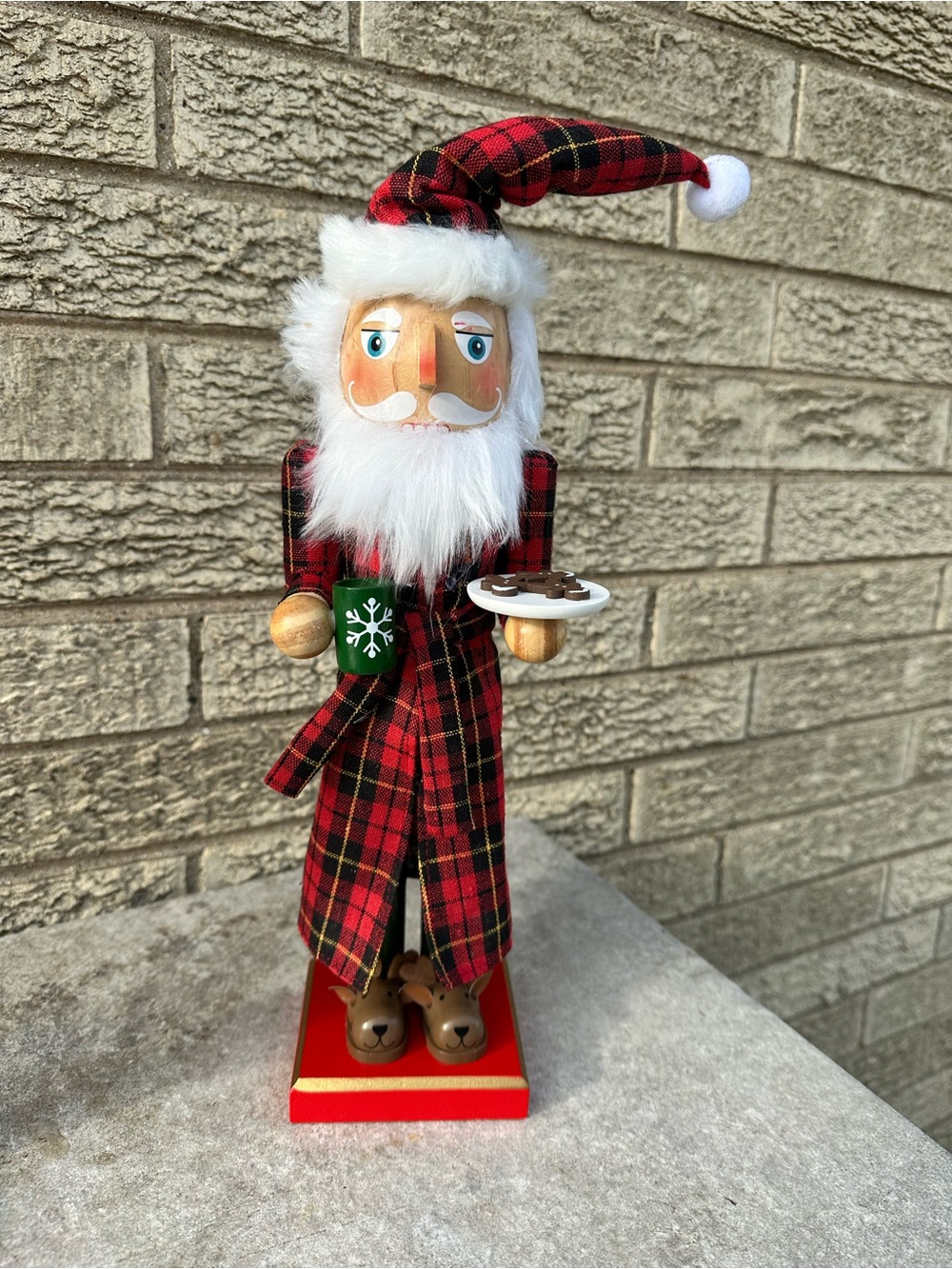 Nutcracker 13 inch red Pajama, holding a green mug and a plate of cookies